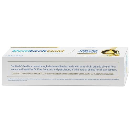 Denttach Gold Denture Adhesive, Petroleum Free Olive Oil Based Premium Denture Adhesive Cream for Full and Partial Dentures, All Day Secure Hold Denture Glue, Zinc Free, 2.4 Ounce (Pack of 2)