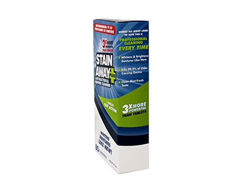 Stain Away Plus Antibacterial Denture Cleanser, 3X More Powerful Than Tablets, Whitens Dentures Like New, 5 Minute Fast Action, Clean Mint Taste, 80 Cleanings, 8.1 oz (Pack of 2) 8.1 Ounce (Pack of 2)