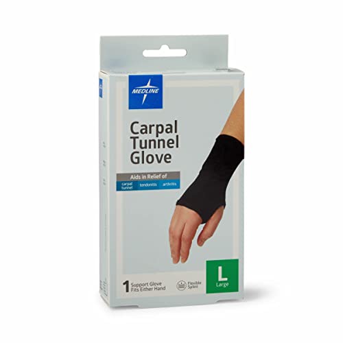 Medline Carpal Tunnel Gloves, Flexible Splint & Beaded Cushion, Size L, Breathable Cotton/Spandex, Black, 1 Each