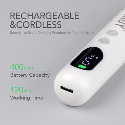 GAOY Cordless Nail Drill, Rechargeable Electric Nail File with LED Display, Lightweight Low Noise Manicure & Pedicure Tool for Gel Removal, Acrylic Nails & DIY Home Use, White