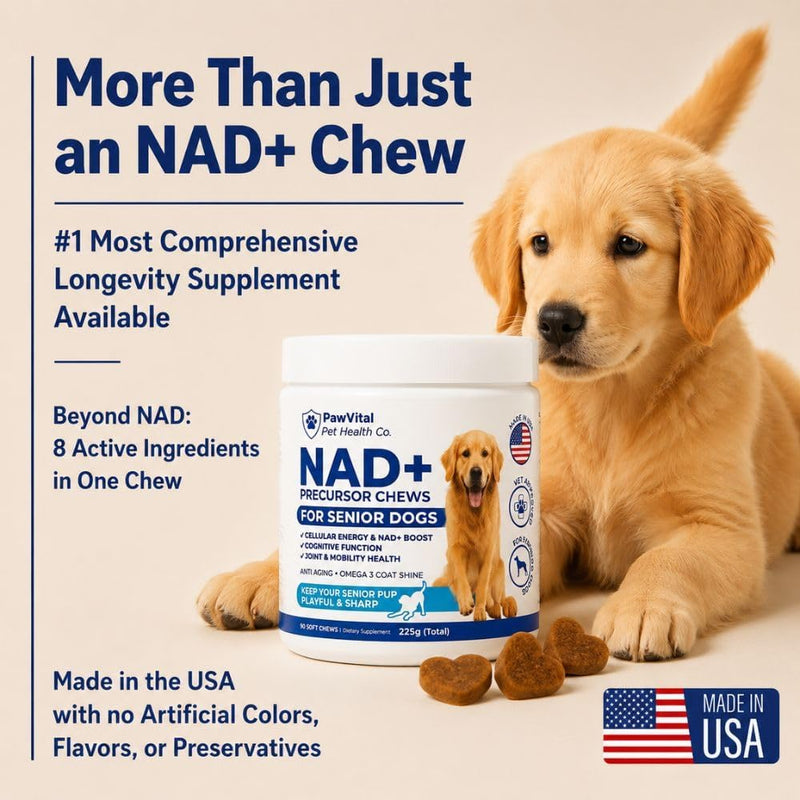 NAD+ Precursor Chews for Senior Dogs – Cellular Energy, Longevity & Cognitive Support – Nicotinamide Riboside, Resveratrol, Quercetin, Glucosamine, Omega-3 – Made with Real Chicken – 90 Count