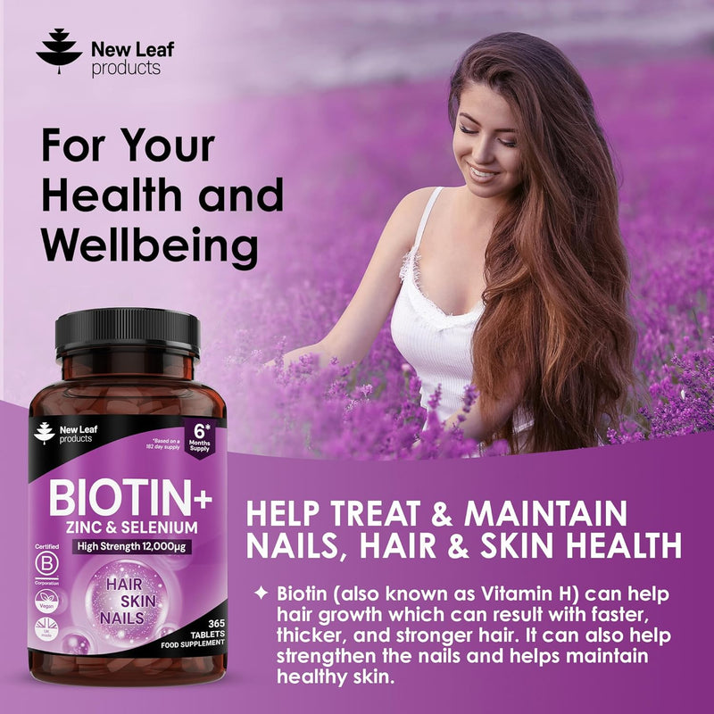 Biotin Hair Growth Supplement 12,000mcg with Zinc, Selenium & Copper - Full Year Supply 365 Vegan High Strength Biotin Tablets for Hair - Supports Hair, Skin & Nail Growth - Hair Growth - Nutravita 12,000mg - BeesActive Australia