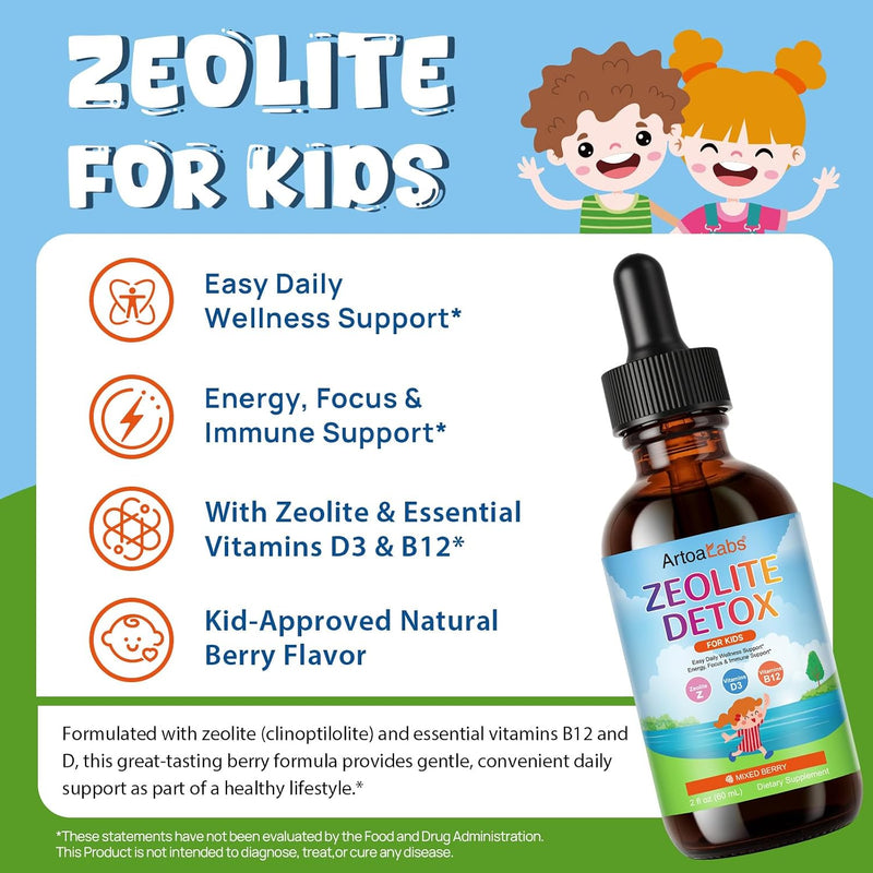 Zeolite Detox Drops for Kids - Orange Flavor, Vegan, Gluten-Free Gentle Micronized Clinoptilolite - Liquid Supplement with Vitamins B12, C & D to Clean Toxins for Children & Toddlers