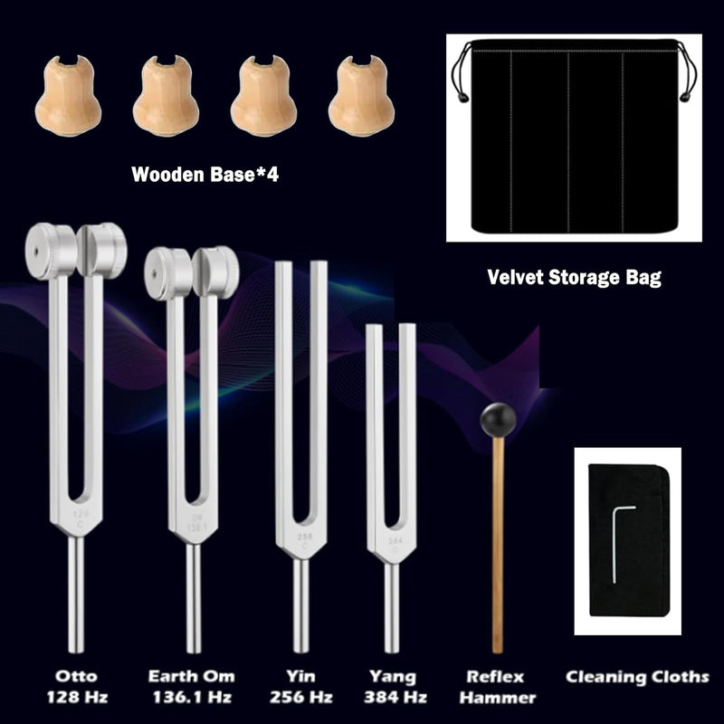 Tuning Fork Set (128 Hz, 136.1 Hz, 256 Hz, 384 Hz): Weighted & Unweighted Tuning Forks Frequency Devices of 4 Pack with Reflex Hammer for Chakra & Sound Meditation