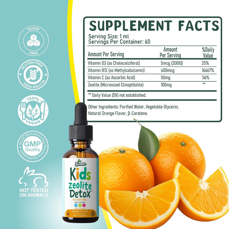 Zeolite Detox Drops for Kids - Orange Flavor, Vegan, Gluten-Free Gentle Micronized Clinoptilolite - Liquid Supplement with Vitamins B12, C & D to Clean Toxins for Children & Toddlers