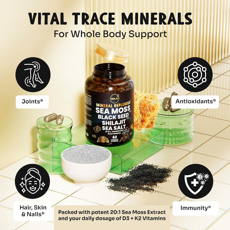 MAJU 18-in-1 Black Seed, Shilajit, Sea Moss, Celtic Sea Salt + D3 & K2, Concentrated Extracts, Trace Multi Mineral Capsules, Men & Women Electrolytes Supplements