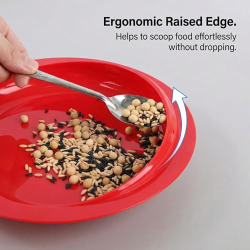 Non-Skid Suction Base Plates & Bowls Set, Adaptive Spill Proof Scoop Dinnerware for Elderly, Disabled, Parkinson’s, Dementia – Self-Feeding Aid，Red (Bowl+Plate) Red(bowl+plate)