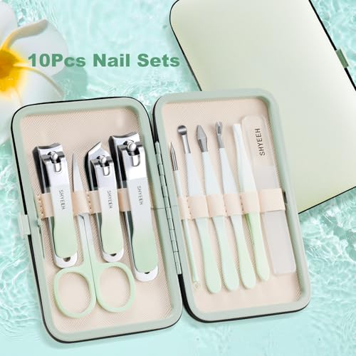 Manicure Set, 10 pcs High-Carbon Steel Nail Clippers Set, Portable Mini Manicure and Pedicure Kit, Travel Grooming Nail Kit with Leather Bag for Men and Women Green