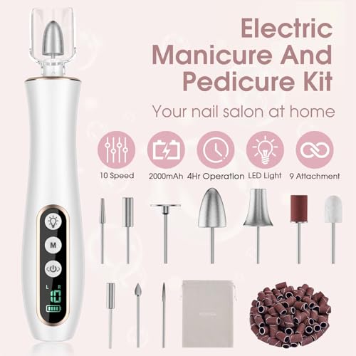Hoxida Cordless Nail Drill 2000RPM,Electric Nail File with 360° LED Light White
