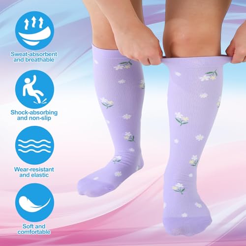 Jspupifip 6 Pairs Plus Size Compression Socks for Women, Wide Calf 4X-Large White, Blue, Pink, Gray, Beige, Purple