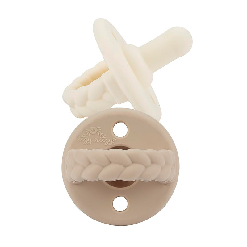 Itzy Ritzy Silicone Pacifiers for Ages 6-18 Months - Itzy Soother Pacifiers Feature Collapsible Handle & Two Air Holes for Added Safety; Set of 2 in Toast & Buttercream, Ages 6-18 Months 6-18 Month