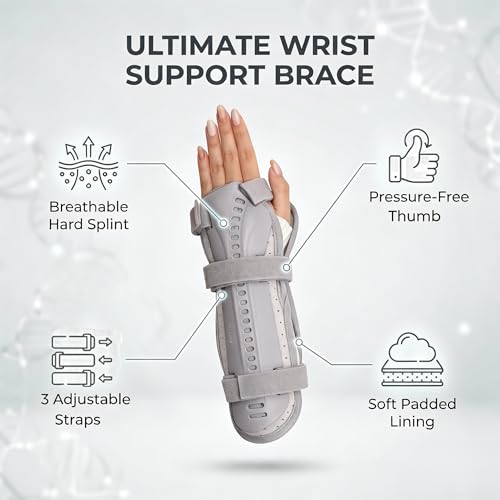 Wrist Brace for Right Hand, Adjustable Adult Night Support Splint, Ultralight Stabilizer for Carpal Tunnel & Arthritis, Pressure-Free Thumb Design, Gray