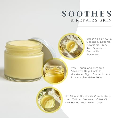 Vanman's Tallow and Honey Balm With No Added Scent - Face Moisturizer with Grass-Fed/Finished Beef Tallow for Skin, Organic Raw Honey and Beeswax, Cold Pressed Olive Oil - 2 oz Classic - Unscented 2 Ounce (Pack of 1)