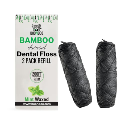 BOONBOO Bamboo Charcoal Dental Floss with Glass Holder + 2pcs Refill + 600ct Cotton Swabs