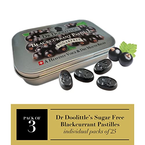 Dr. Doolittle’s Sugar Free Soft Fruit Pastilles for Voice and Throat, Blackcurrant Flavor, 2.12 Ounce Tin, approximately 25 Count Package, 3 Pack 25 Count (Pack of 3) Blackcurrant-sf