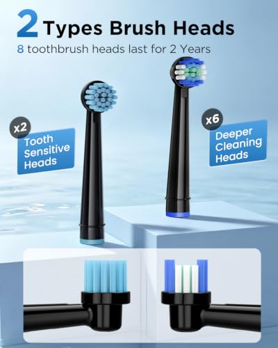 Rtauys Rotating Electric Toothbrush for Adults with 8 Brush Heads (2 Types), 5 Modes Rechargeable Power Toothbrush with Travel Case and 2 Minute Smrte Timer Black