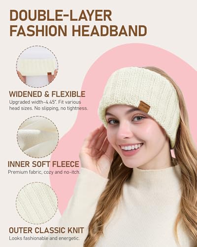 Women Winter Beanie Hat Scarf Gloves Headband Set, Fleece Lined Hat Ear Warmer Knit Long Scarf Touchscreen Gloves 4 Gift Set One Size White