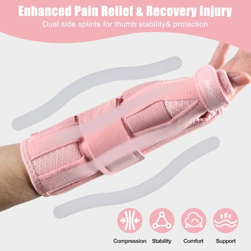 NuCamper Carpal Tunnel Wrist Brace with Thumb Support, Thumb Brace Spica Splint for De Quervains Tenosynovitis, Tendonitis, Trigger Thumb Splint Wrist Support for Men Women - Left Hand,Pink,S/M Pink S/M
