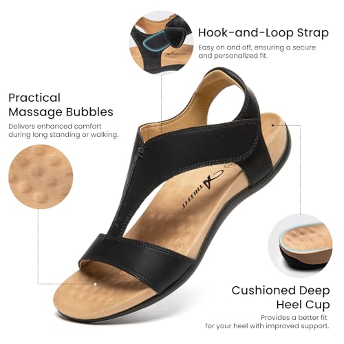Athlefit Orthopedic Flat Sandals for Women with Arch Support Black 10