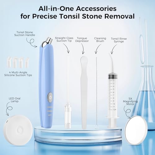 Tonsil Stone Remover Kit, Upgraded Rechargeable Tonsil Stone Vacuum with LED Light & Saliva Reservoir, Best Fast Painless Tonsillolith Removal Tool, Fight Bad Breath, Safe Silicone & 11 Attachments Blue