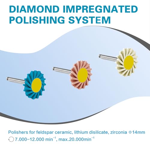 6Pcs Dental Diamond Impregnated Polishing System Ceramic Polishing Disc Composite Ceramic Polishing Disc, 3-Step Polishing Diamond System RA 14mm Spiral Flex Brush.
