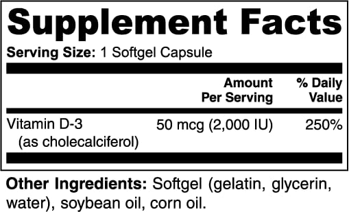 Vitamin D3 2000 IU, Bone Density and Immune Support, 100 Softgels