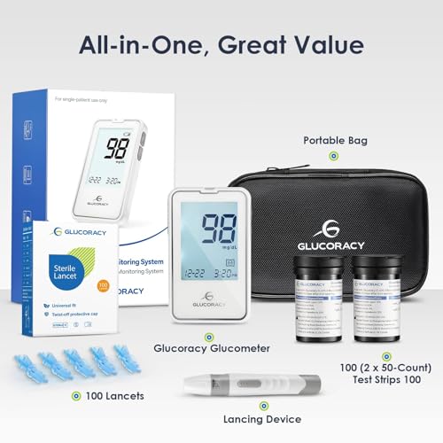Glucoracy Blood Glucose Monitor Kit, 100 Blood Sugar Test Strips, No Coding 100 Test Strips
