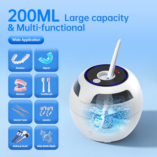 Dental Ultrasonic Retainer Cleaner Machine, 45kHz Cleaning Pod with Digital Timer & 200ML Stainless Steel Tank for Dentures, Aligners, Mouth Guards, Night Guards, Braces, Toothbrush Heads & Jewelry White