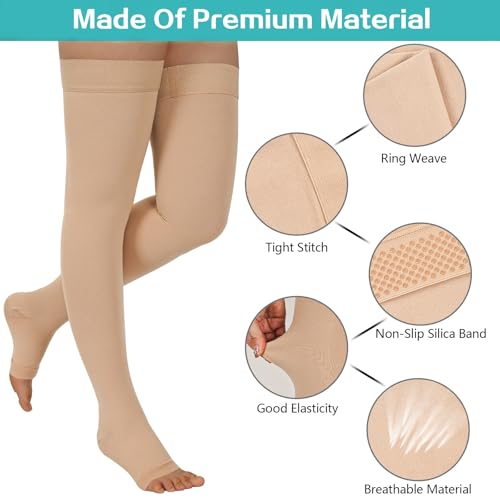 Thigh High 20-32 mmHg Compression Stocking Toeless Compression Socks for women & men circulation with Silicone Dot Band Beige Medium (1 Pair)