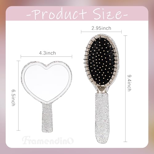 Framendino, Rhinestone Heart-Shaped Handheld Mirror and Bling Hair Brush Set for Women