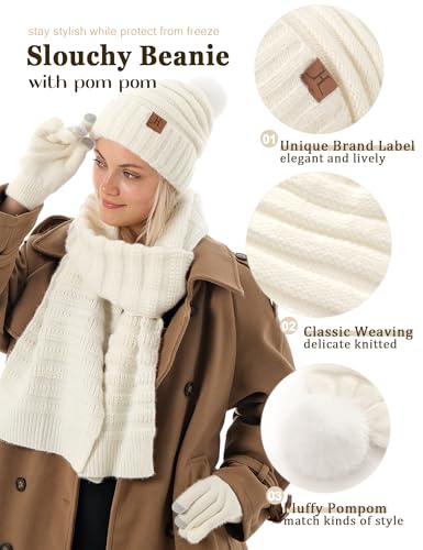 Hat Gloves Scarf Set For Women, Womens Winter Hats Fleece Lined Slouchy Beanie With Pom Scarf Thermal TouchScreen Gloves Sets Ivory