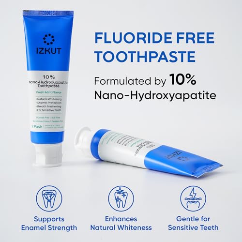 IZKUT 10% Nano Hydroxyapatite Toothpaste: Fluoride Free Natural Whitening Toothpaste for Sensitive Teeth, Enamel Support, Plaque Remover, SLS Free, Fresh Mint Flavor, Adults & Kids, 4 oz (Pack of 2)