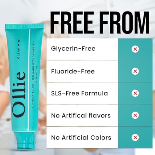 Ollie Fluoride Free 10% Nano Hydroxyapatite Toothpaste, Clean Mint, 3 Pack 4 Ounce (Pack of 3)