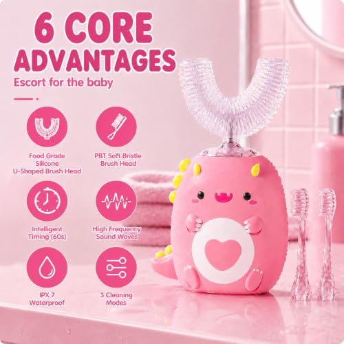 Kids U-Shaped Electric Toothbrush,4 Heads,Dinosaur Design Ages 2-12 Girls Pink