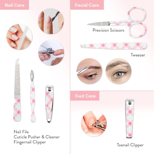 Éclat Manicure Pedicure Kit for Men & Women, 6Pcs Finger & Toe Nail Care Tools Includes Nail Clipper Cutter, Tweezer, File, Cuticle Pusher, Personal Care Professional Grooming Set With Travel Case Mini Mani+pedi Print Set (6pc Plaid)