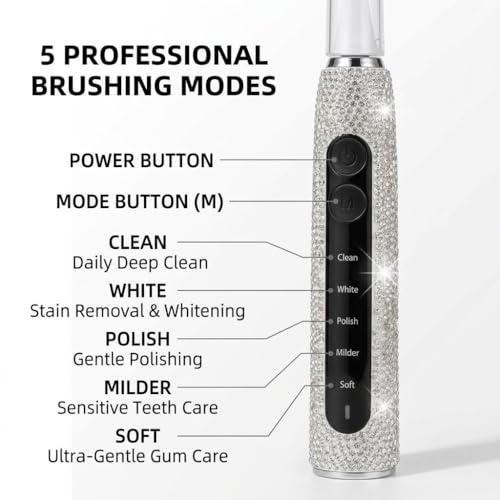 Diamond Sonic Electric Toothbrush Bling Rechargeable Toothbrushes for Adults with 6 Brush Heads Vibrating Toothbrush-5 Modes, USB-C Fast Charge,2Min Smart Timer,IPX7 Waterproof(White) White