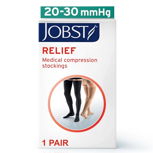 JOBST Relief 20-30 mmHg Thigh High Compression Stockings with Silicone Band, Open Toe Petite Beige Medium