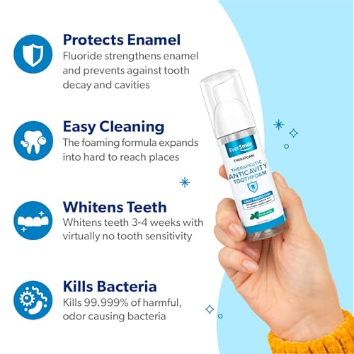 EverSmile TheraFoam – Anticavity Foam Toothpaste Alternative with Hydrogen Peroxide + Sodium Fluoride – Foaming Formula Promotes Healthy Gums & Strengthens Enamel – 60+ Uses Per 50ml Bottle (1 Pack) 1.69 Fl Oz (Pack of 1)