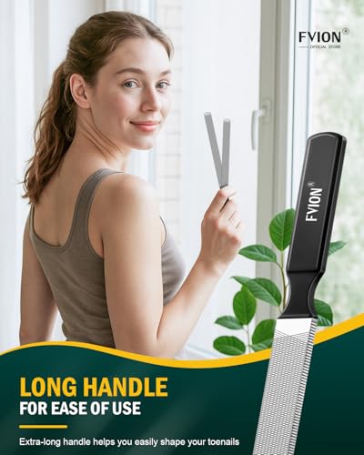 FVION 2 PCS Metal Long Nail File for Thick Nails – Stainless Steel Toenail File, Durable and Efficient Nail Files for Natural Nails and Pedicure Silver+black