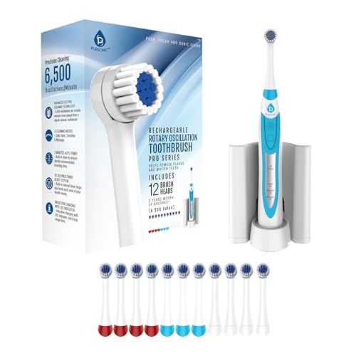 Pursonic S330 Deluxe Electric Toothbrush - Ultra Whitening Oscillating Rechargeable Battery Toothbrush for Adults with Dock Charger & 12 Brush Heads (Value Pack) (White)
