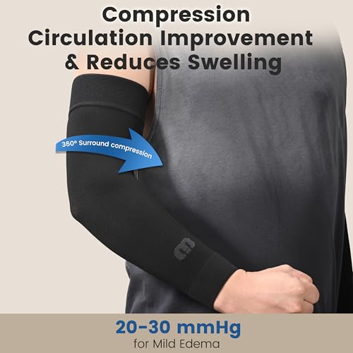 MGANG Medical Compression Arm Sleeve 20-30 mmHg, Lymphedema & Post-Surgery Black (20-30 Mmhg Without Silicone) XX-Large(Single)