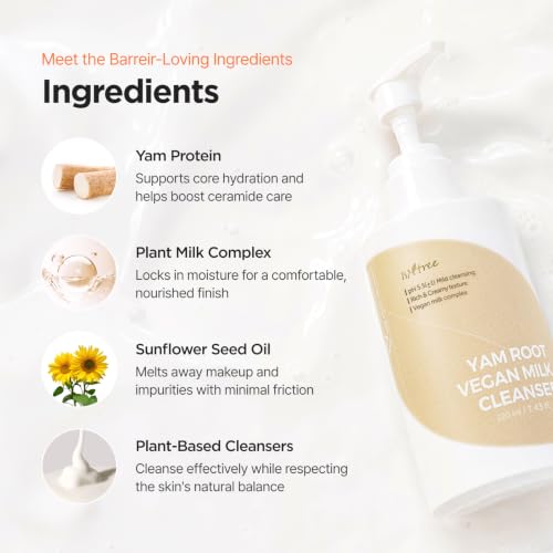 ISNTREE Yam Root Vegan Milk Cleanser | Korean Facial Cleanser with Yam Root | Hydrating Milky Cleanser for Sensitive Skin, Gentle & Creamy, 7.43 fl oz