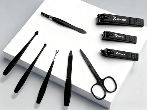 Manicure Pedicure Set, 9pcs Stainless Steel Nail Clippers Grooming Kit, Professional Complete Manicure Kit for Men, Mini Travel Nail Care Tools with Bag (Black)