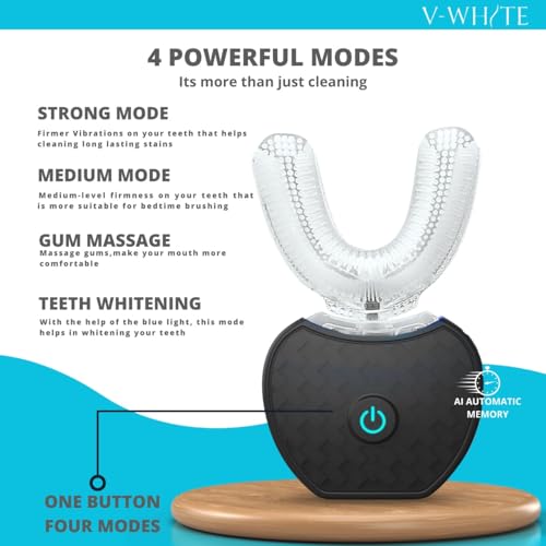 V-WHITE Ultrasonic U Shaped Auto Brush for Adults - Automatic Toothbrush Black 1 Count (Pack of 1)