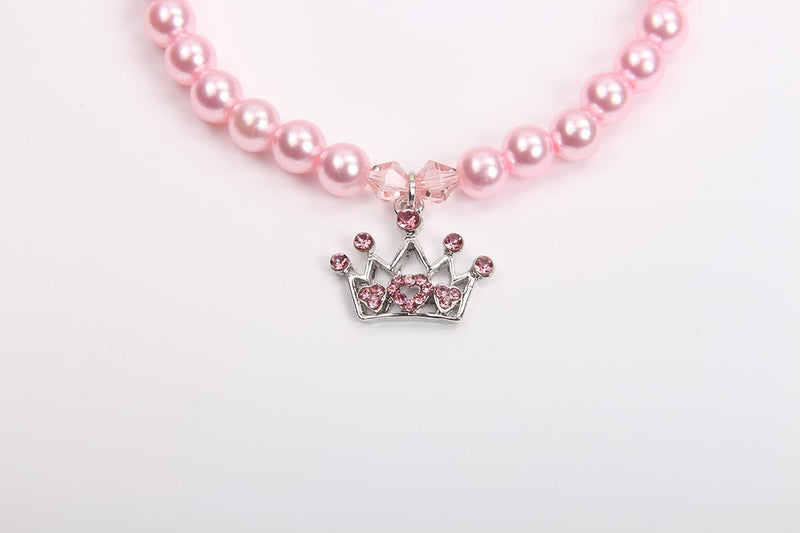 Dog Cat Pearls Necklace Collar with Rhinestones Crown Charm Pendant Pet Puppy Jewelry (L, Pink) L - BeesActive Australia