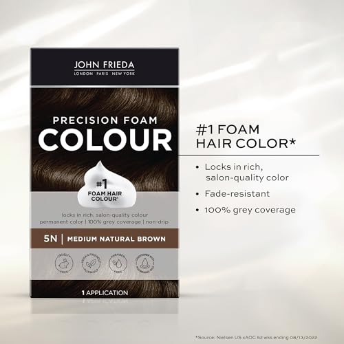 John Frieda Precision Foam Colour, Medium Natural Brown 5N, Full-coverage Hair Color Kit, Anti-Fade Gray Coverage, Deep Color Saturation Hair Dye, Pack of 2 Grey,Brown 1 Count (Pack of 2)