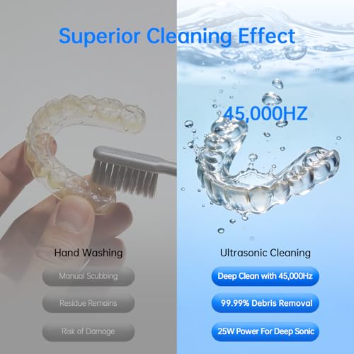 Dental Ultrasonic Retainer Cleaner Machine, 45kHz Cleaning Pod with Digital Timer & 200ML Stainless Steel Tank for Dentures, Aligners, Mouth Guards, Night Guards, Braces, Toothbrush Heads & Jewelry White