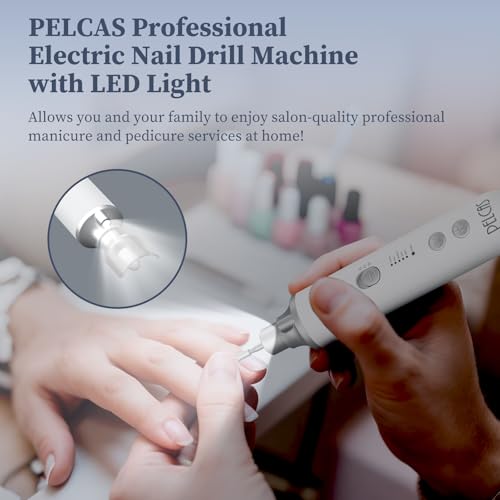 PELCAS Electric Nail Filer, Cordless Nail Drill with LED Light & 5 Speeds Silver