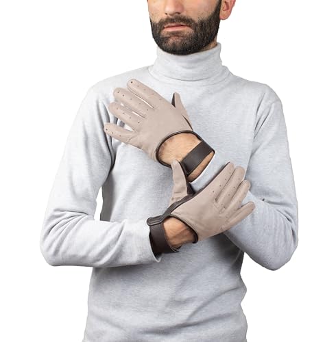 URBAN BUCK Men Winter Real Leather Bike Riding Stripe Perforation Touchscreen Lined Glove Harrison Beige Leather Gloves Medium