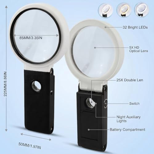 Magnifying Glass with Light and Stand,Handheld Magnifier for Reading,Hands Free Magnifying Glasses for Close Work，USB Rechargeable LED Light, Storage Case
